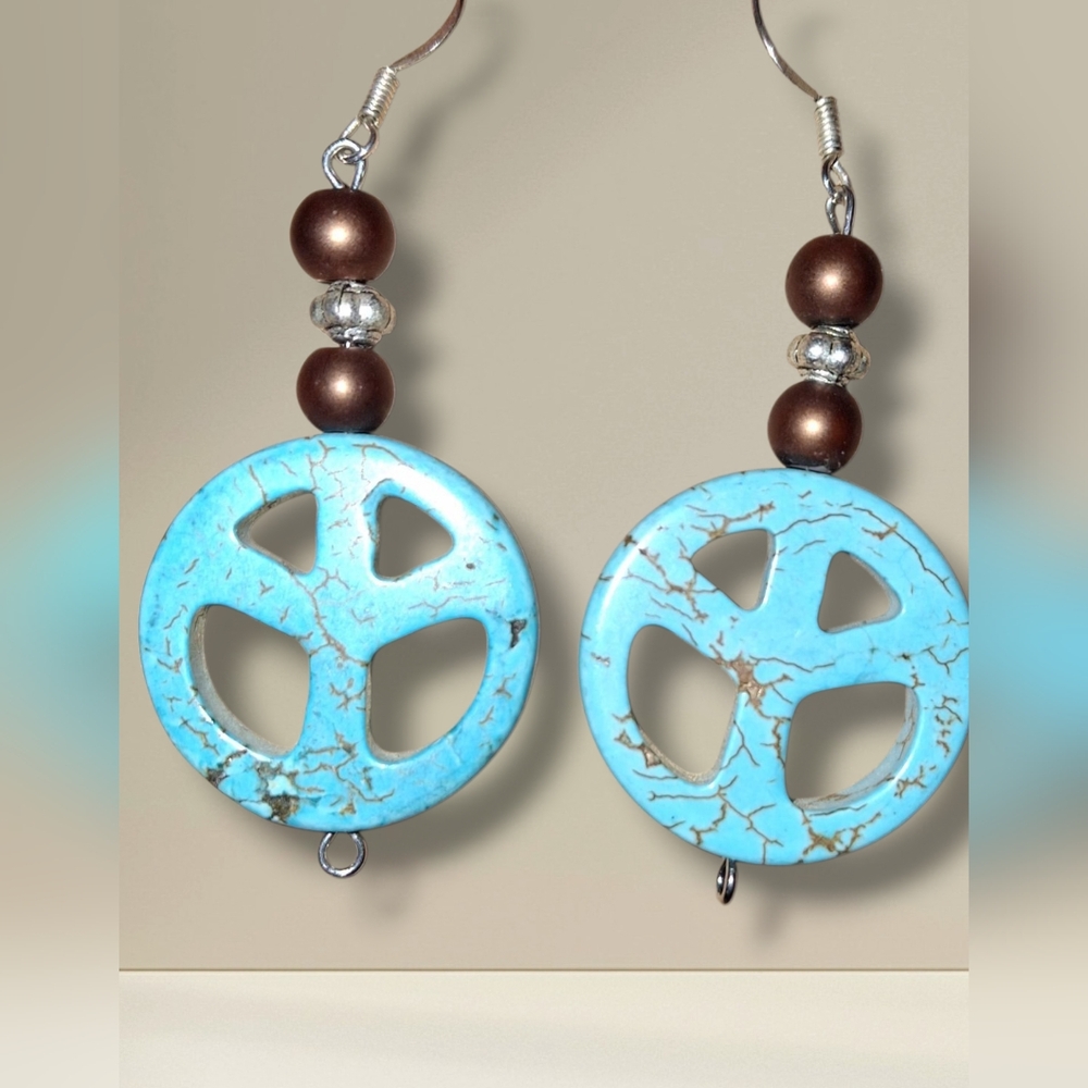 3/25$ Peace Sign Turquoise Blue Howlite gemstone Drop Earrings Silver Beaded